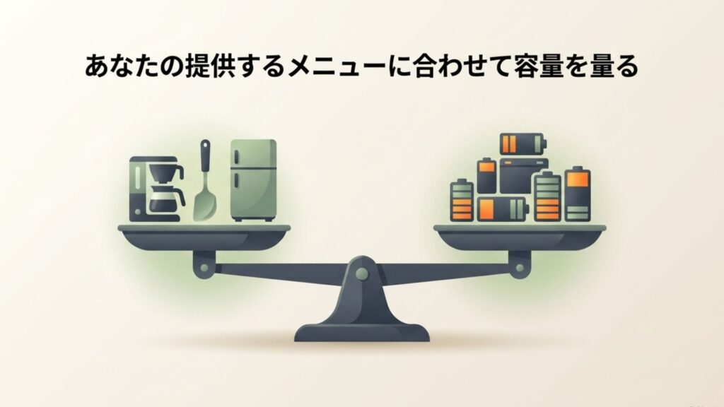 天秤に乗せられた調理家電とバッテリーのバランスを取るイラスト
