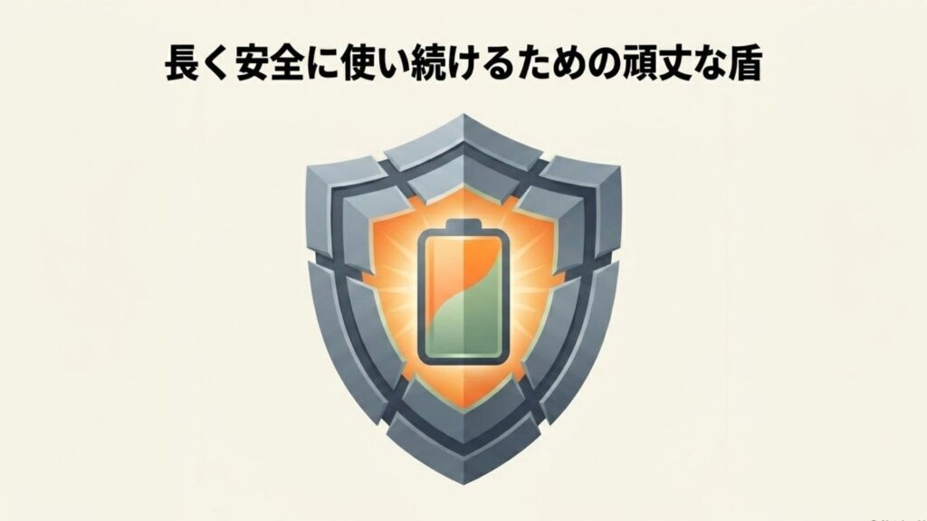 頑丈な金属の盾に守られたバッテリーのイラスト