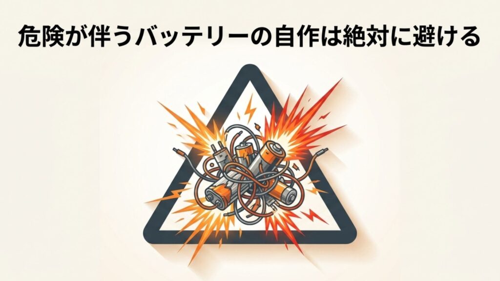 危険が伴うバッテリーの自作は絶対に避けるという警告テキスト