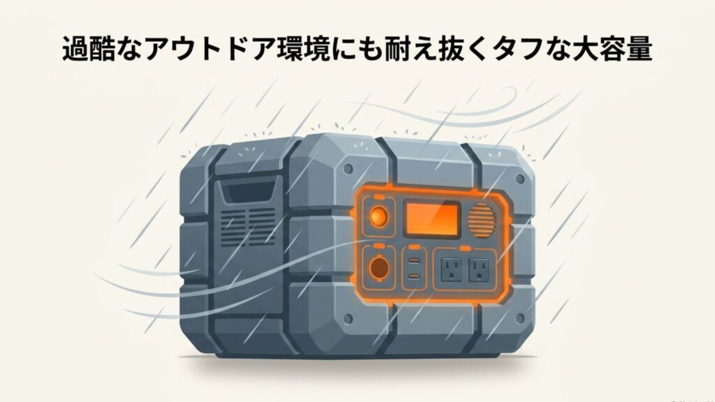 激しい雨風の中にも耐え抜くタフなデザインのポータブル電源のイラスト