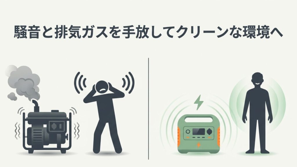 ガソリン発電機の騒音と排気ガスに悩む人のイラスト