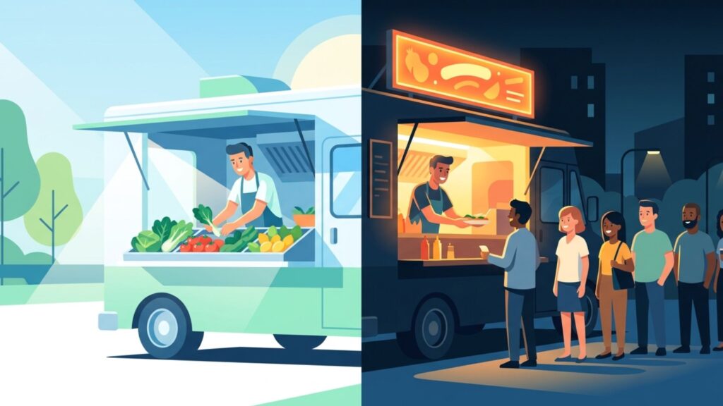 昼と夜に営業するキッチンカーを対比し、営業時間や使い方に応じた電源選びを表した場面