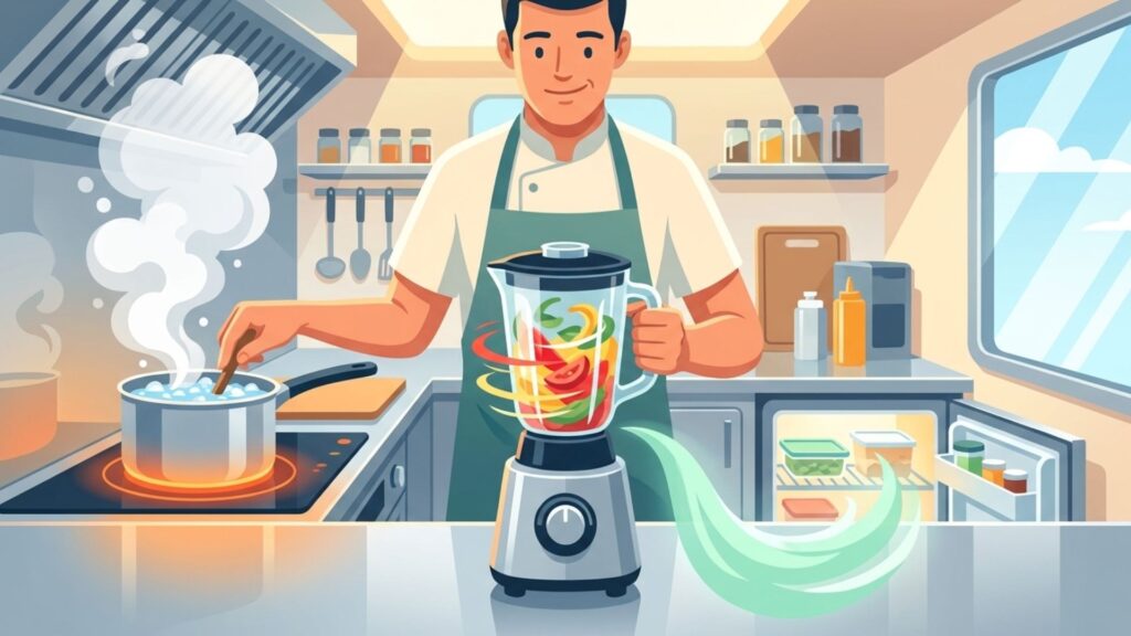キッチンカー内でミキサーや加熱調理器、冷蔵庫などを使い、業態に応じた電源選びを考える場面
