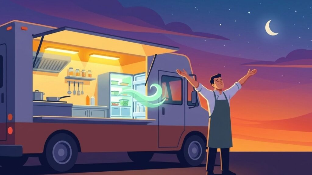 夜間のキッチンカーで冷蔵庫の庫内を確認し、食品の温度管理を意識する場面
