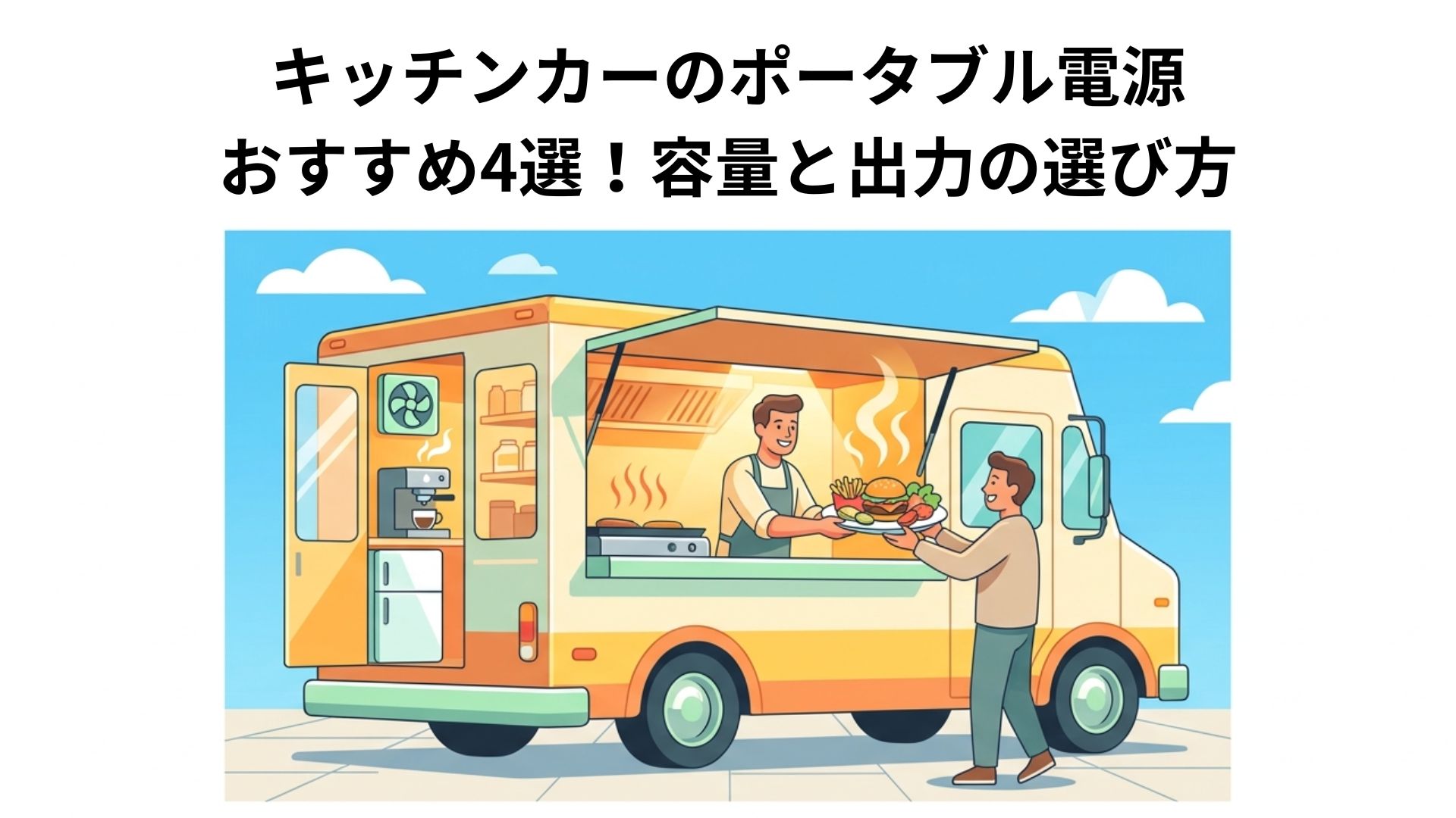 キッチンカーで調理した料理を販売する様子を描いたポータブル電源選びの記事アイキャッチ