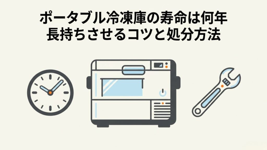 ポータブル冷凍庫の寿命は何年か、長持ちさせるコツと処分方法を解説する記事のタイトル画像。