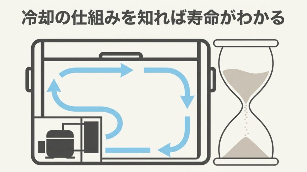 ポータブル冷凍庫の冷却方式（コンプレッサー式とペルチェ式）の違いを図解したイラスト。