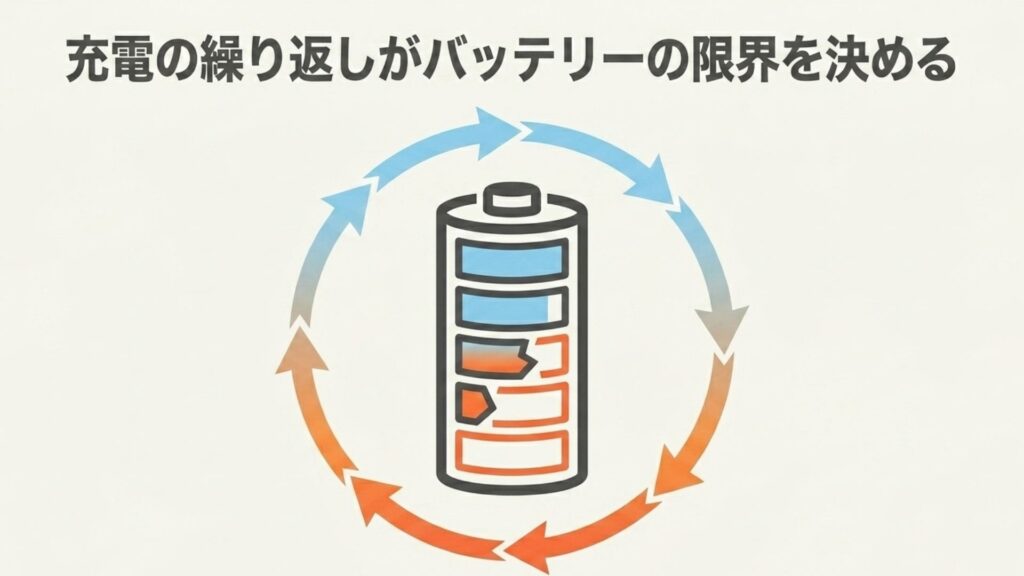 バッテリーの充放電サイクルが寿命を決定づけることを示す概念図。