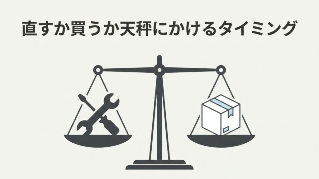 修理と買い替えを天秤にかけて判断するタイミングを示すイラスト。
