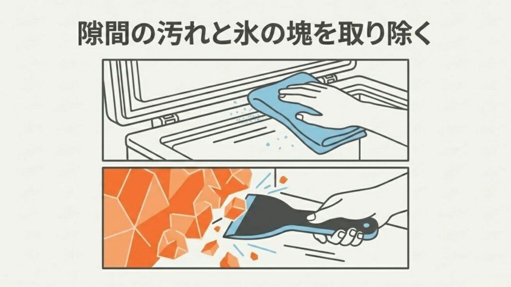 パッキンの汚れ拭き取りと、霜取り作業を行う様子を示す図解。※画像下部の謎文字は必ず削除してください。