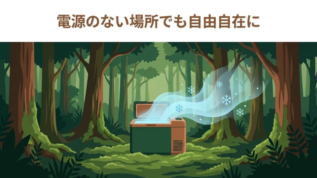 電源のない大自然の中でも自由にポータブル冷蔵庫を使う人のイメージ