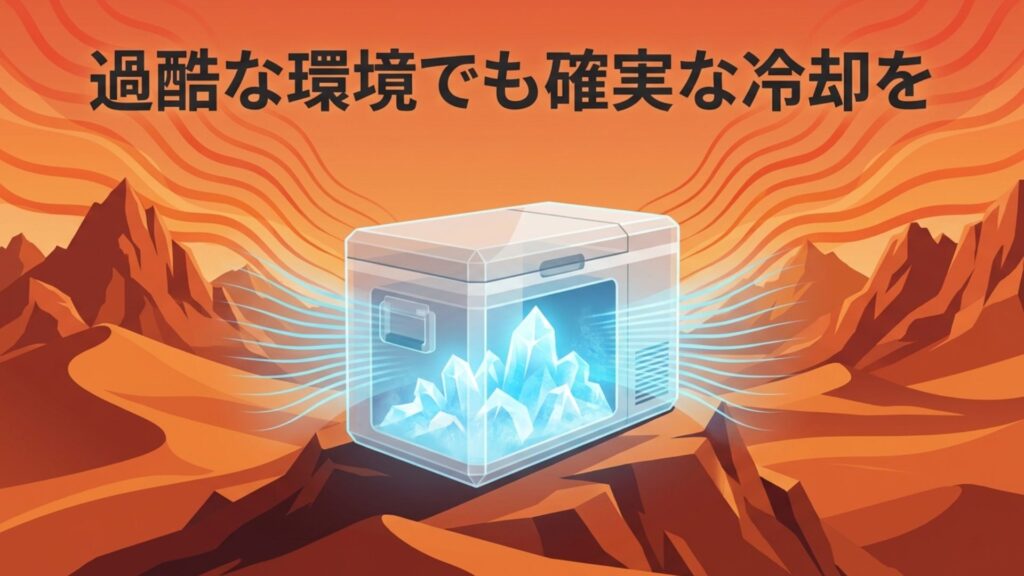 過酷な環境でも確実な冷却ができるポータブル冷蔵庫のイメージ