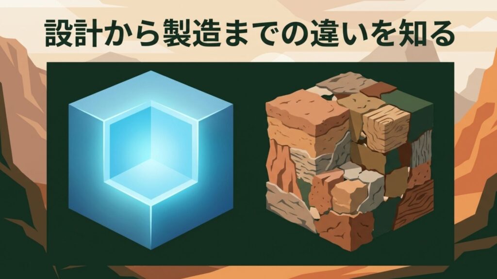 ポータブル冷蔵庫の設計から製造までの構造的な違いを表すイメージ