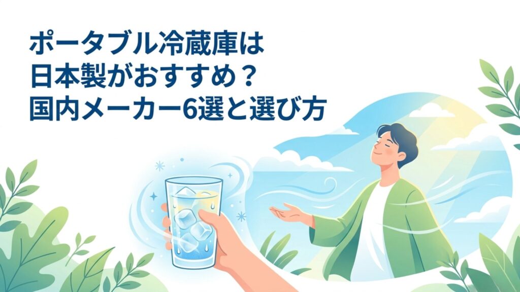 冷たい飲み物と屋外で過ごす人物を描いた、国内メーカーのポータブル冷蔵庫選びを表すアイキャッチ