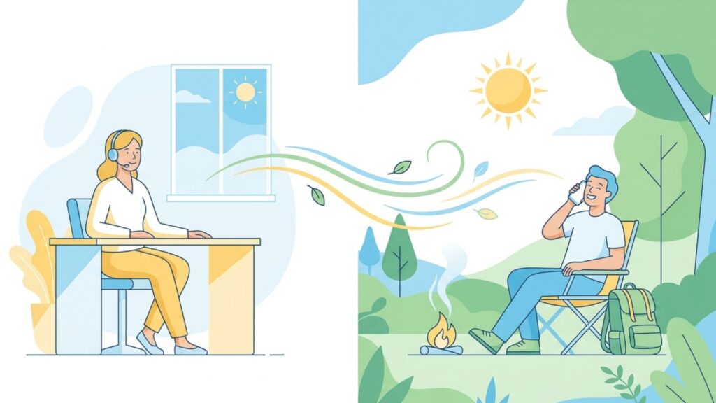 問い合わせ窓口のオペレーターと屋外から電話する利用者が、購入後のサポートを表している様子